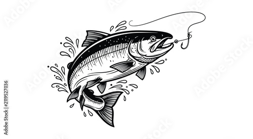 Classic salmon fish artwork featuring detailed engraved linework inspired by traditional woodcut illustrations.