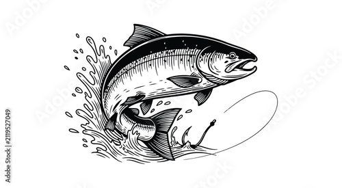 Vintage etched illustration of a salmon fish in an antique woodcut style, perfect for fishing and outdoor themes.