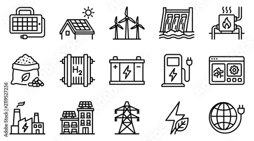 Cuadro en lienzo Renewable Energy Icons Collection Line Art Style On White Background