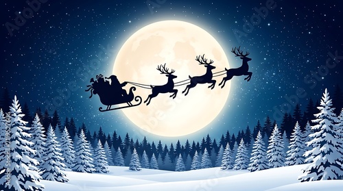 Magical sleigh and reindeer flying across a full moon at night