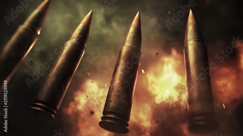 Close up macro shot of brass bullets flying amidst smoke and fire explosions in dark background