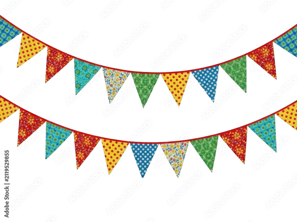 Obraz premium Colorful party bunting flags hanging on a string for celebration decoration isolated on transparent background