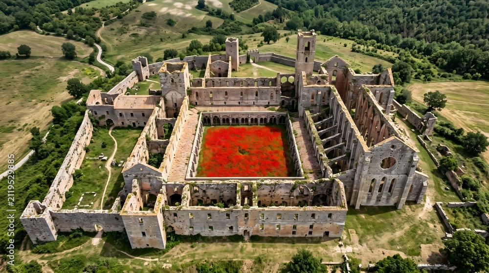 Fototapeta premium Aerial view of roofless medieval abbey ruins with red poppies in Tuscany Italy