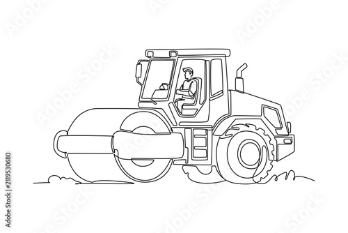Single one line drawing a heavy road roller construction machine being operated by young male driver flattening asphalt during roadwork. Modern continuous line draw design graphic vector illustration