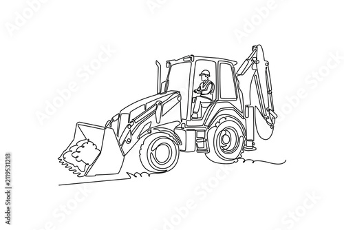 Single continuous line drawing young male driver operating a heavy backhoe loader machine transporting soil in its front bucket on a construction site. One line draw graphic design vector illustration