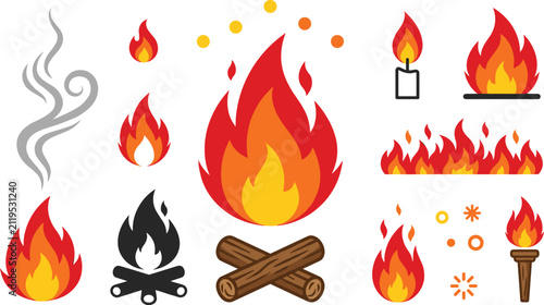 Quadro su tela Vibrant campfire and flame icons vector illustration kit featuring dynamic fire