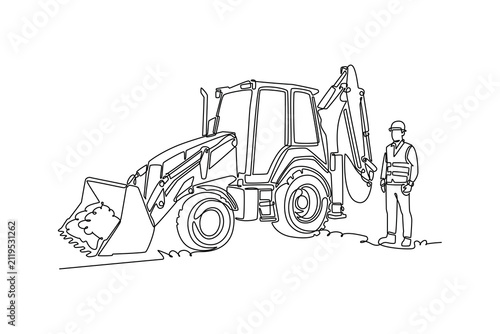 Single continuous line drawing young male construction worker in safety gear standing next to a heavy backhoe loader tractor on building site. Dynamic one line draw graphic design vector illustration