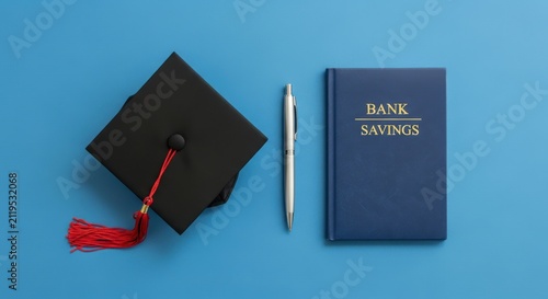 A black academic cap alongside a metallic pen and a blue notebook labeled bank savings represents the financial planning required for achieving higher education goals through diligent monetary