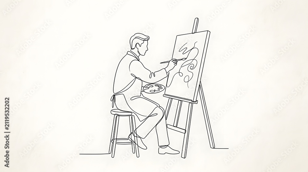 Fototapeta premium Line Drawing Artist Painting Abstract Art on Canvas in Studio