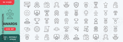 Awards icon set vector. Containing trophy, winner, medal, winner prize, success, best, reward, champion, star, certificate, badge and more. Editable line icons. Vector file illustration