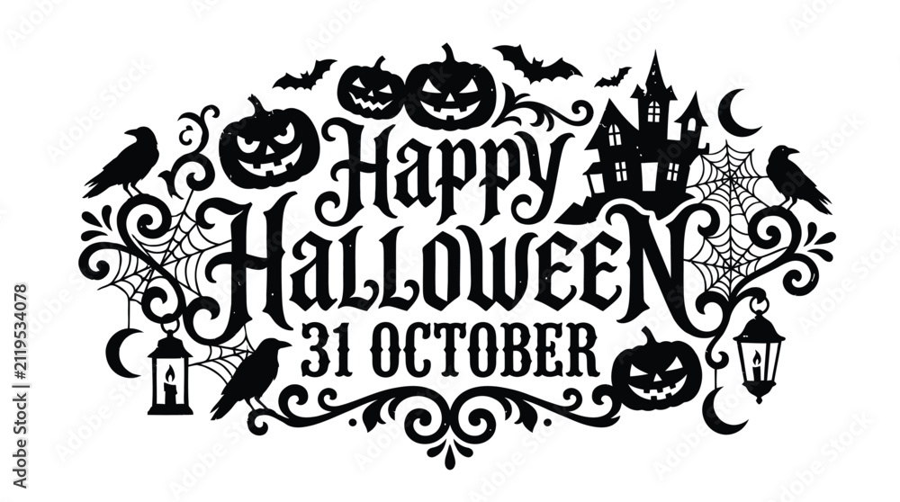 Obraz premium Black and white happy halloween vector illustration featuring spooky pumpkins and a haunted gothic mansion design