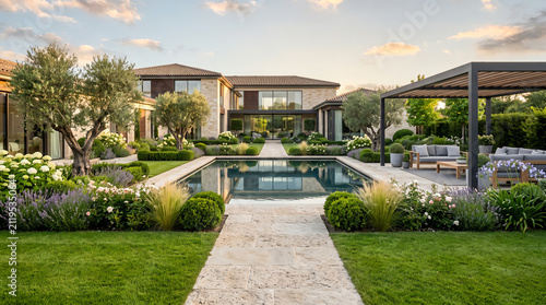 Luxurious backyard with pool and pergolas