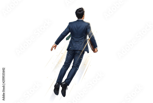 Businessman Flying Upwards with Light Streaks on White Background
