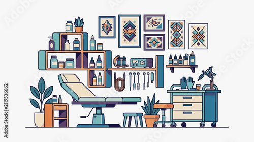 Creative workspace with art supplies and books.
