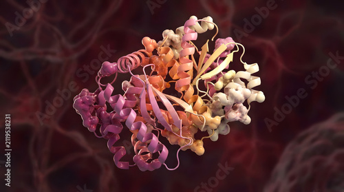 Detailed 3d illustration of a complex biological protein molecule structure with helices with scientific rendering complex