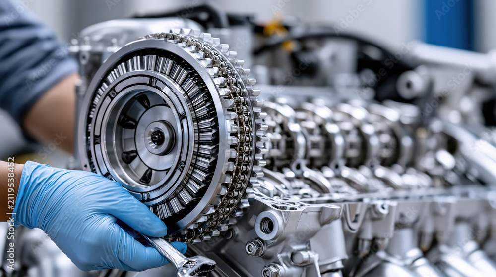 Fototapeta premium High detail engine repair workshop maintenance mechanic hand with blue glove using wrench on metal gear transmission system precision engineering