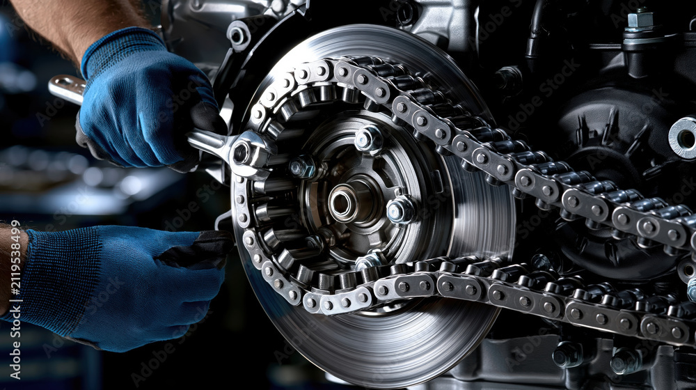 Fototapeta premium Close up mechanic engine repair workshop maintenance, blue glove hand tool adjust metal chain drive system in industrial garage precision service concept