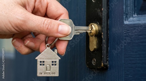 Hand unlocking front door with key and house shaped keychain for new home property