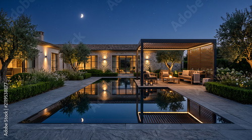 Modern courtyard with reflecting pool and pergola