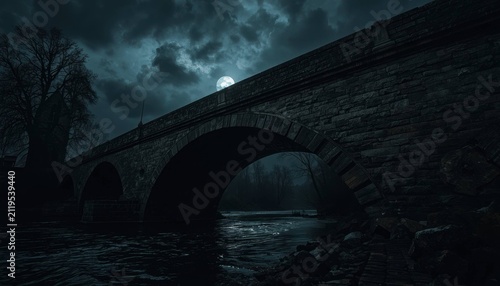 Scary nighttime landscape photography of an old stone bridge under full moon