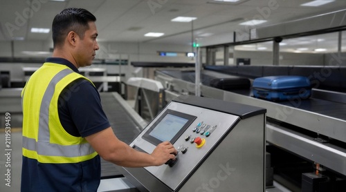 Airport worker at baggage screening console