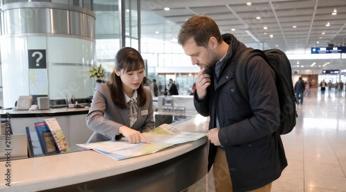 Traveler asks for directions at information desk