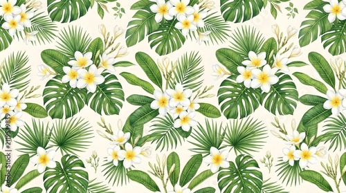 Watercolor tropical seamless pattern with monstera leaves and plumeria flowers.