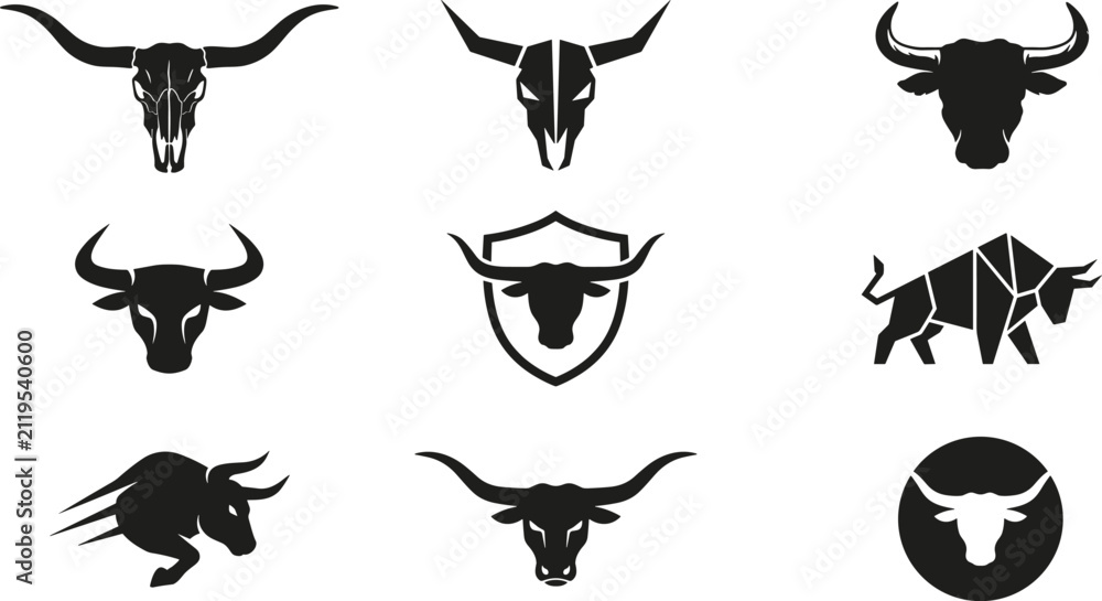 Fototapeta premium Bull and Longhorn Skull Icon Set with Buffalo Bison Shield Geometric and Charging Mascot Symbols for Texas Western Rodeo and Team Branding Designs