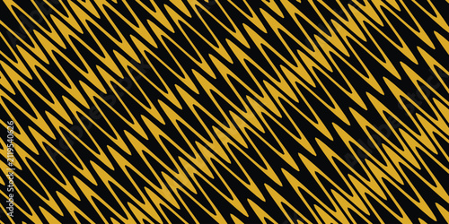 Abstract geometric pattern with gold wavy lines on black background, luxury seamless texture vector, elegant diagonal ripple wallpaper for premium branding