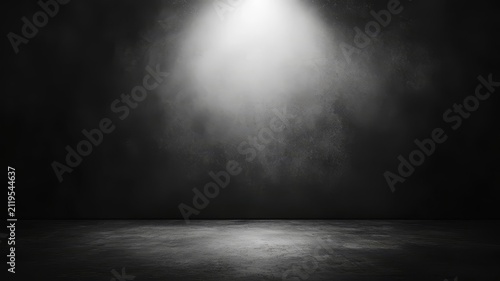 Dramatic moody dark interior room with bright overhead spotlight illumination and fog