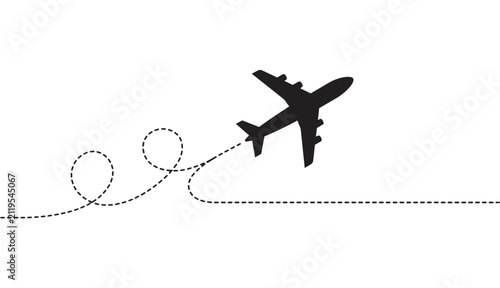 Black silhouette icon of an airplane taking off with a curved dashed trail line forming loops, representing travel, flight route, and journey. Ideal for travel agency, tourism, and aviation-related de