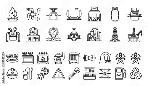 Natural Gas Line Icon Collection with Energy Pipeline Storage and Distribution Symbols Vector Set