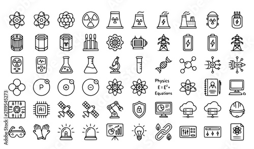 Atomic Science Outline Icon Pack with Nuclear Energy Reactor Physics and Research Vector Collection