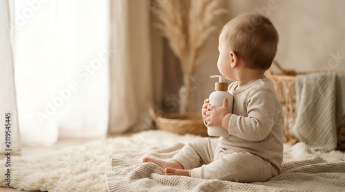 Adorable baby sitting on a soft blanket holding a lotion bottle in a cozy room