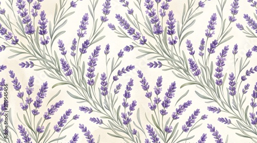Seamless Pattern of Watercolor Lavender Flowers on Cream Background.