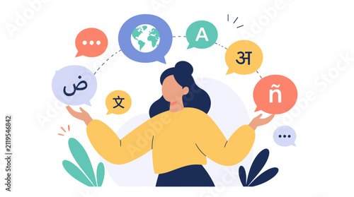 Woman juggling multiple language speech bubbles.