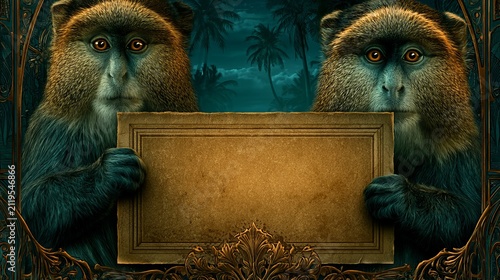 Decorative Monkeys Presenting Empty Signboard.