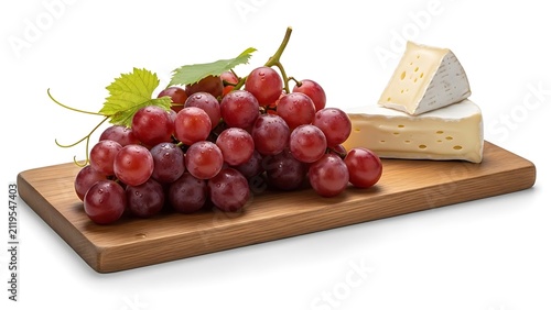 Fresh red grapes and slices of creamy cheese on wooden serving board isolated with appetizer camembert culinary delicious nutrition catering background vitamins agriculture