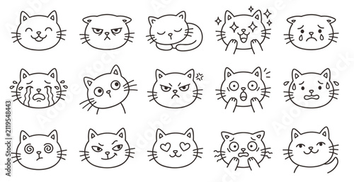 Cute Kitten Face Expressions Line Art Doodle Vector Clipart Set
