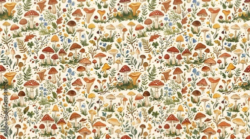 Seamless Pattern of Hand Drawn Watercolor Mushrooms and Wild Forest Plants.
