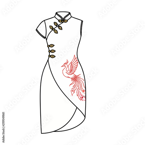 White Cheongsam with Red Phoenix Design and Frog Buttons
