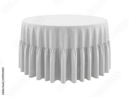 Round banquet table with white ruffled tablecloth isolated on transparent background