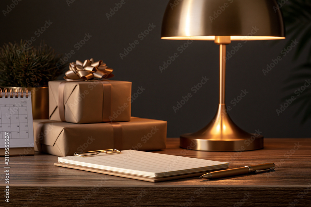 Obraz premium Elegant desk scene with blank gift list wrapped boxes calendar and warm lamp light showcasing Black Friday holiday shopping planning
