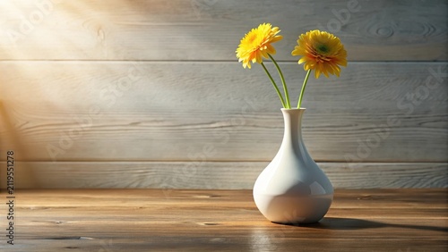 A white vase with delicate curves and a slender neck stands elegantly on a wooden table holding two bright yellow flowers that seem to radiate warmth