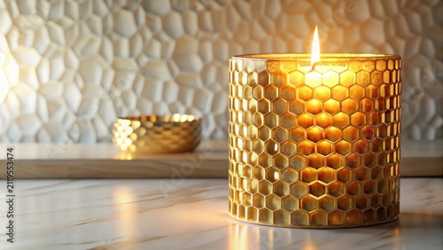 A warm golden honeycomb candle glows softly against stark white walls