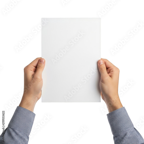 Hands holding a blank white paper sheet isolated on transparent background