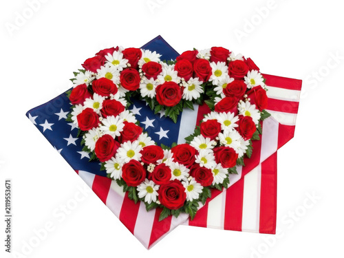 Heart shaped flower wreath with red and white flowers on an american flag isolated on transparent background