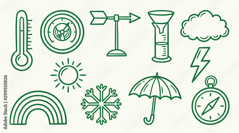 Obraz premium Collection of weather-related icons including a thermometer, compass, sun, rainbow, snowflake, cloud, lightning, umbrella, and weather vane.