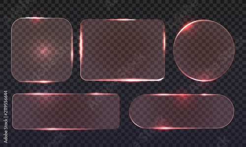 Red Glowing Neon Frame Borders Set with Rounded Rectangle and Circle Shapes, Futuristic Light Overlay. Vector EPS 10
