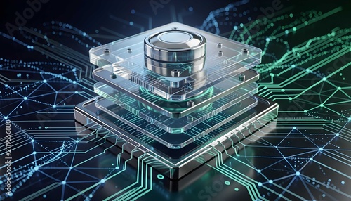 Premium abstract algorithm engine with luminous computational network and crystal technology background